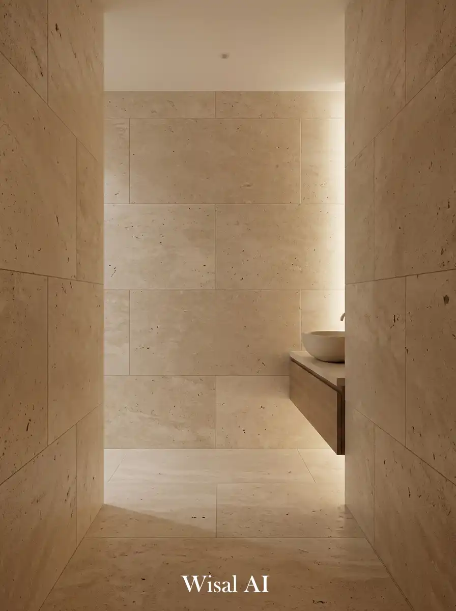 Modern neutral bathroom with warm beige stone walls and soft spa-inspired lighting atmosphere.