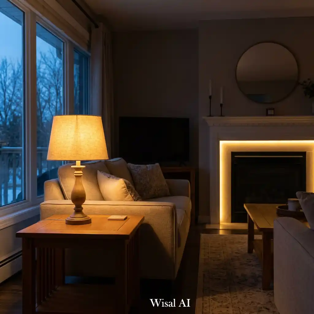 Warm winter living room with layered ambient lighting and cozy seating.