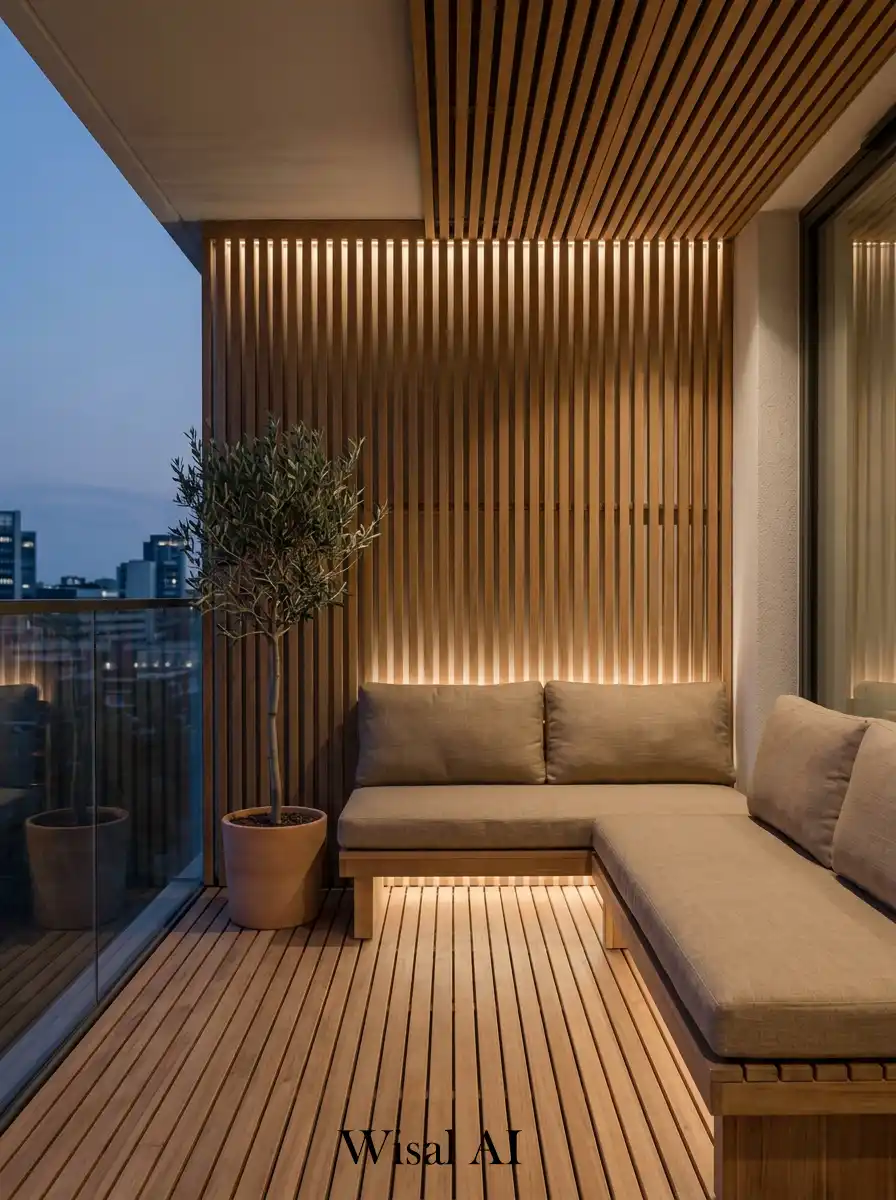 Modern Japandi balcony with warm slatted wood panels and soft neutral cushions creating a calm minimalist atmosphere.