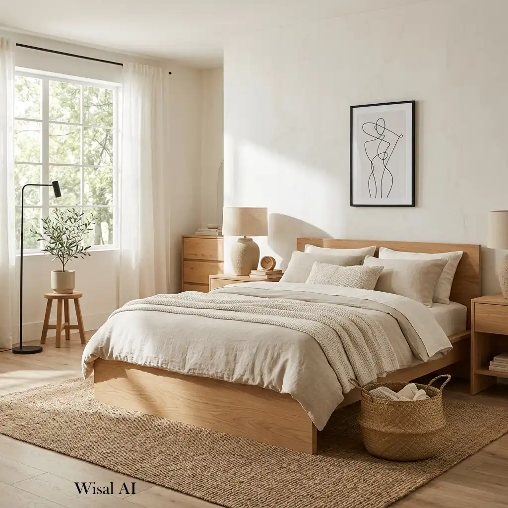 Warm white bedroom with natural oak furniture creating a bright timeless retreat.
