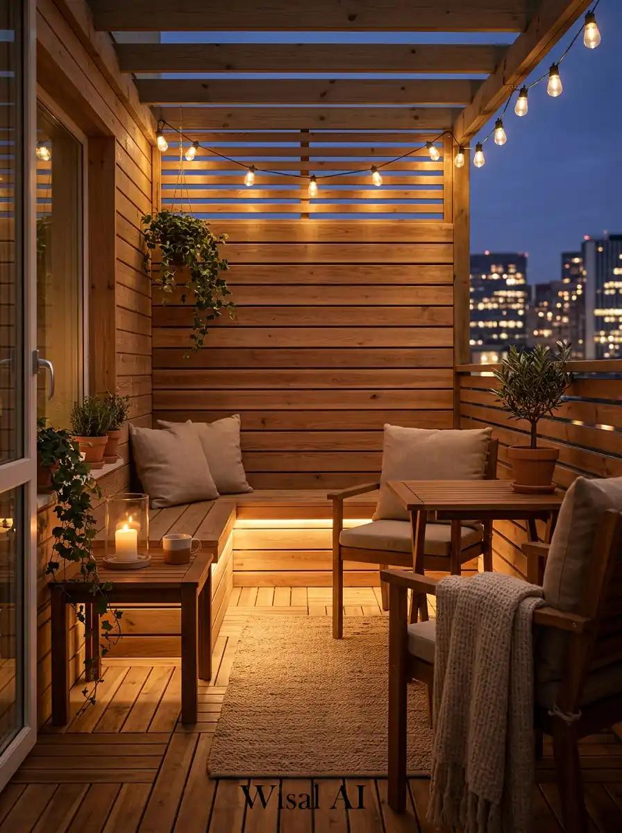 Cozy balcony with warm wood finishes and soft ambient lighting creating a relaxing evening atmosphere.