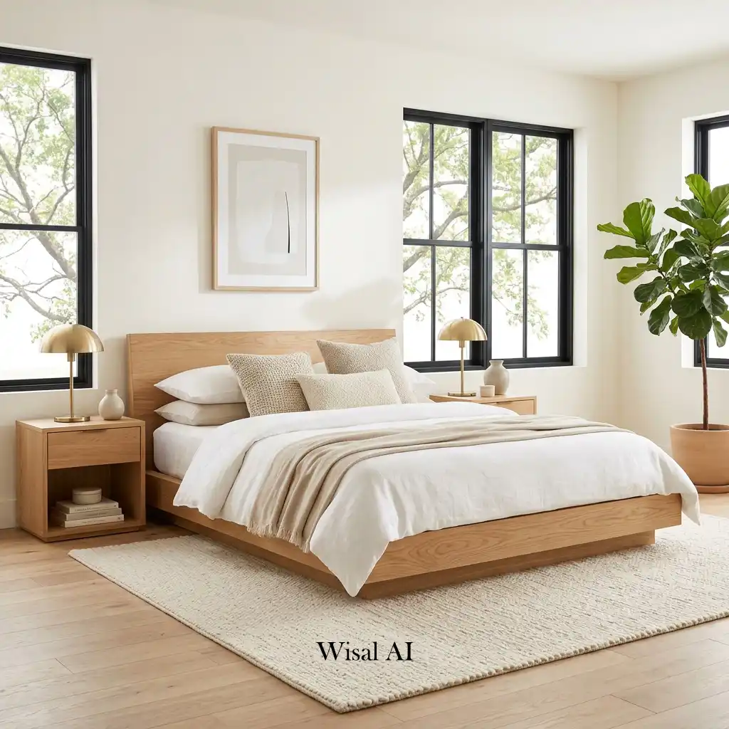 White oak bedroom with a modern platform bed and layered linen bedding.