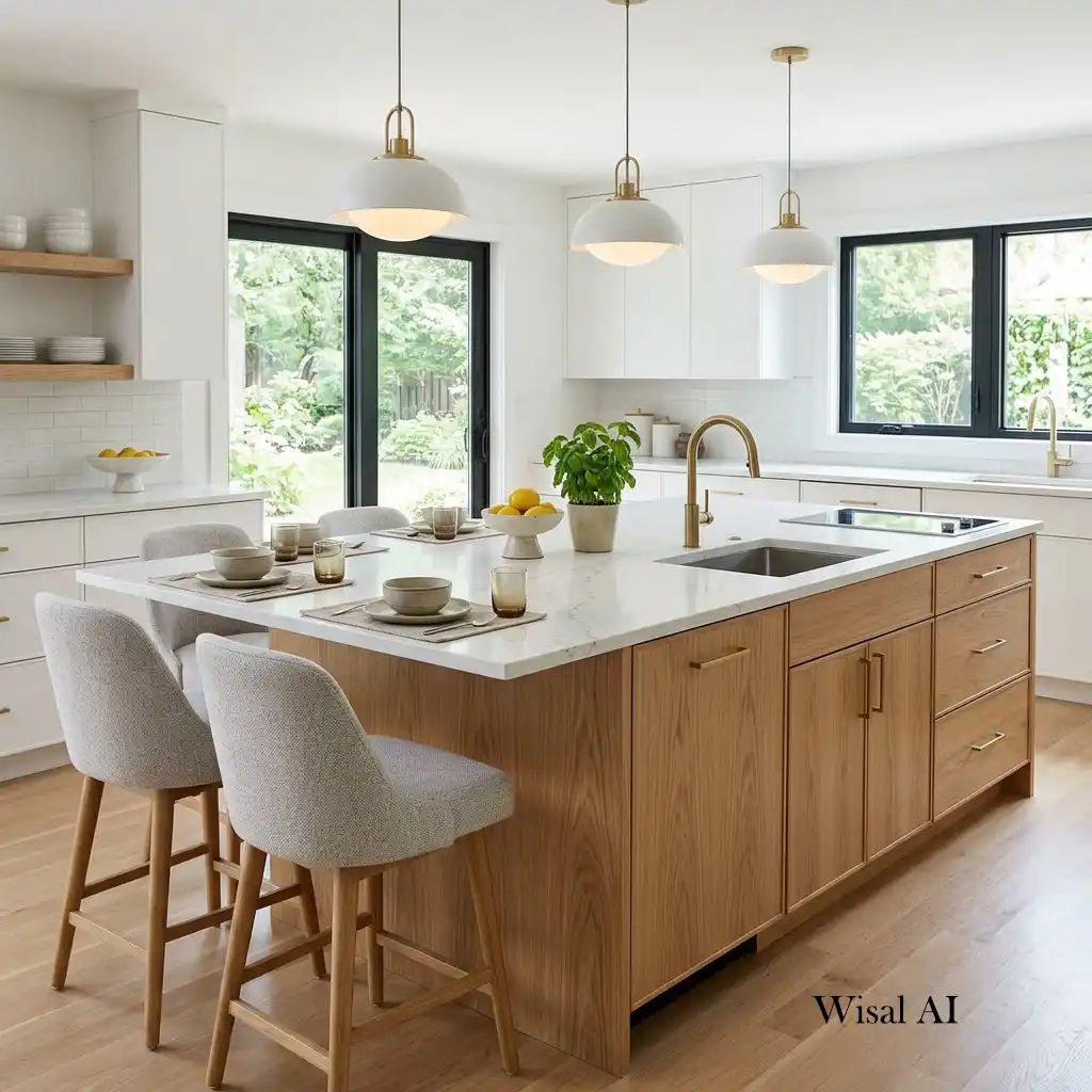 White oak kitchen island with built-in seating and a quartz countertop.