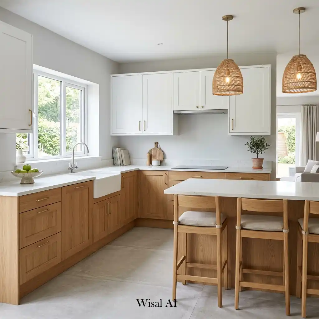 Two-tone kitchen with white upper cabinets and warm oak lower cabinetry