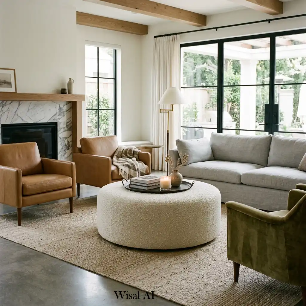 Large bouclé ottoman serving as a coffee table in a modern living room.