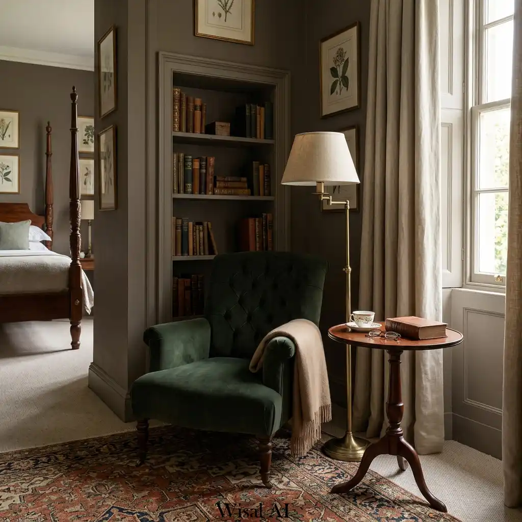 Reading corner with upholstered armchair and lamp