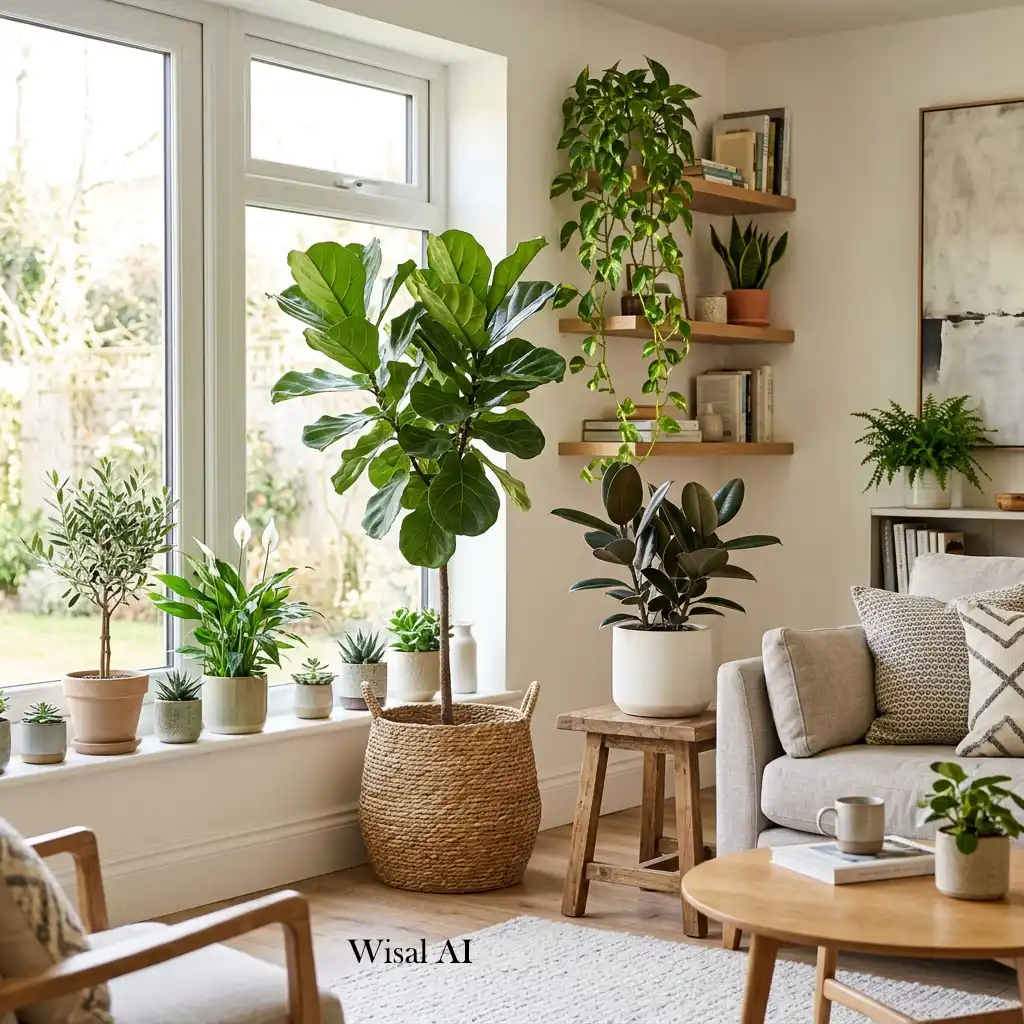 Fresh living room decorated with lush indoor plants creating a bright welcoming atmosphere.