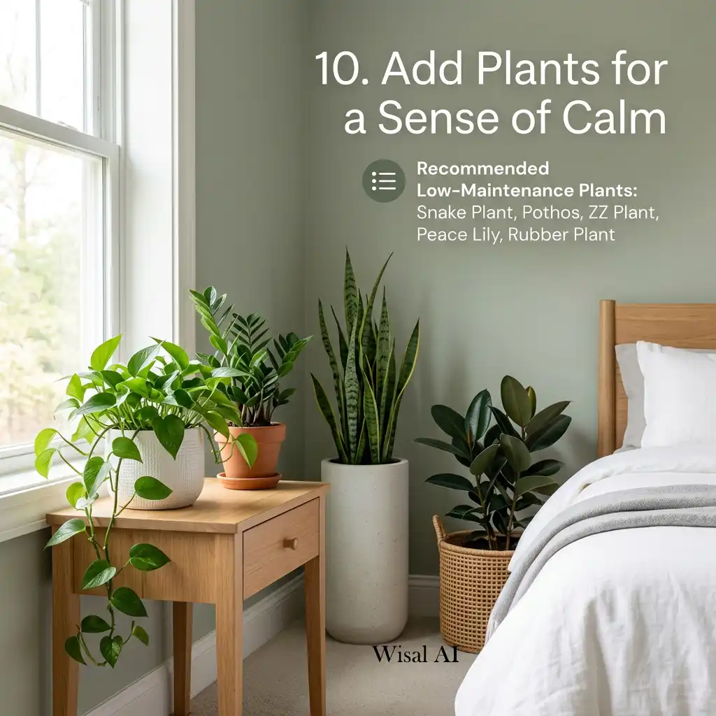 Modern bedroom featuring lush indoor plants adding freshness and calming natural beauty.