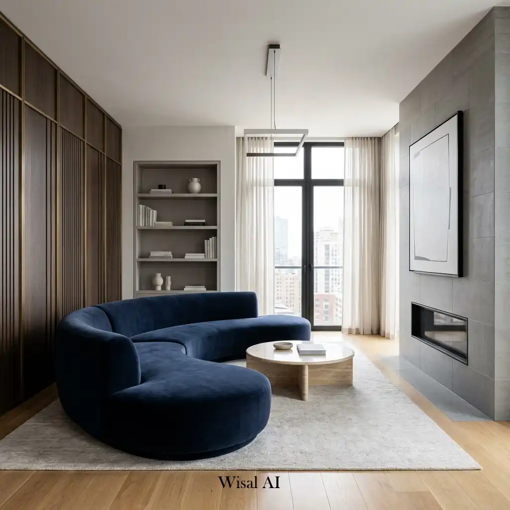 Modern living room balancing curved furniture with clean architectural lines.