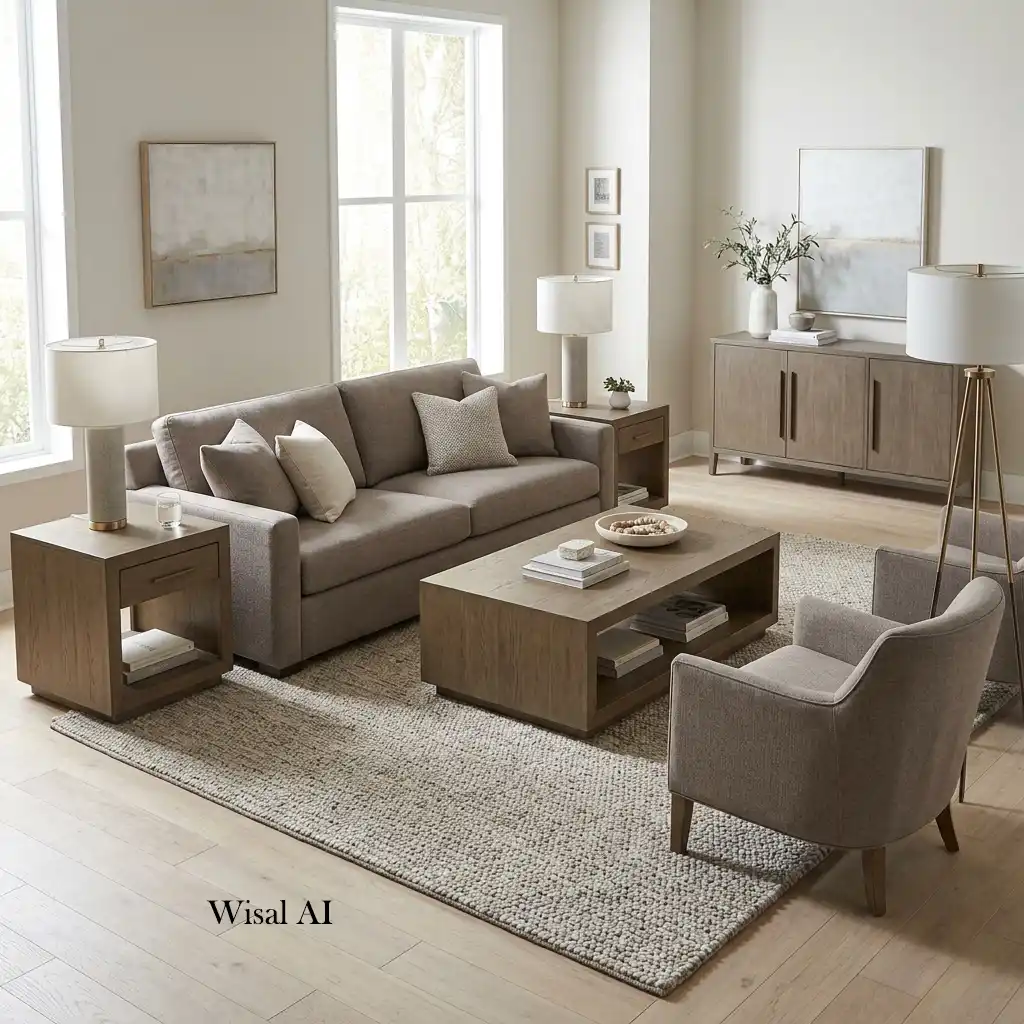 Balanced living room featuring a sofa paired with proportional furniture and décor.