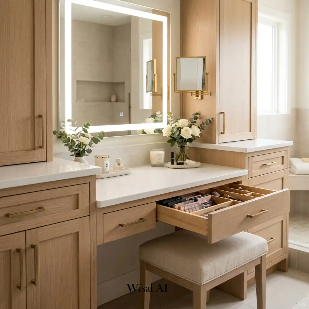 Bathroom vanity with a built-in makeup station, upholstered stool, and illuminated mirror.