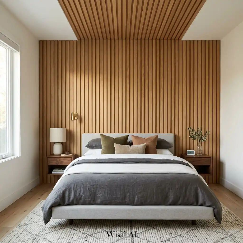 Contemporary bedroom with vertical wood slat wall paneling.