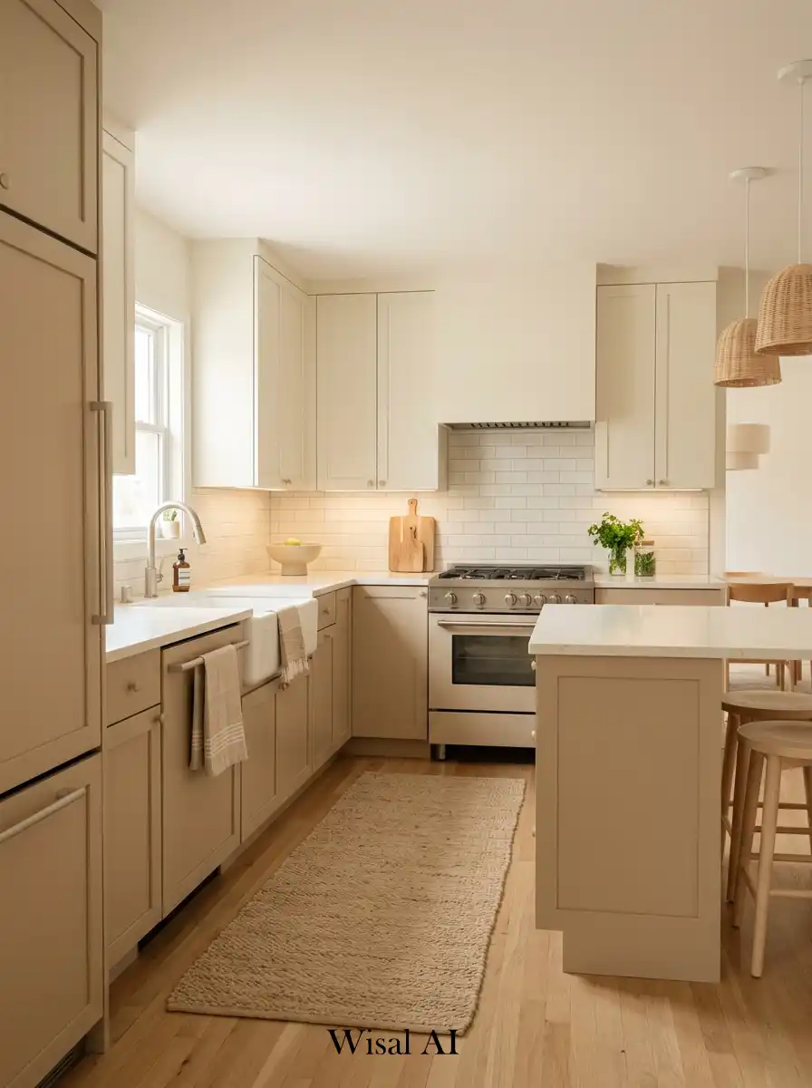 Minimal kitchen design with beige cabinets and off-white surfaces creating a calm open space.