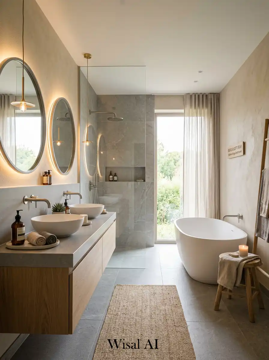 Balanced neutral bathroom with beige base and soft gray accents in modern design.