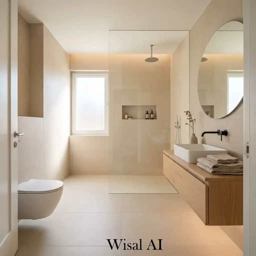 Open minimal beige bathroom with spacious clean layout