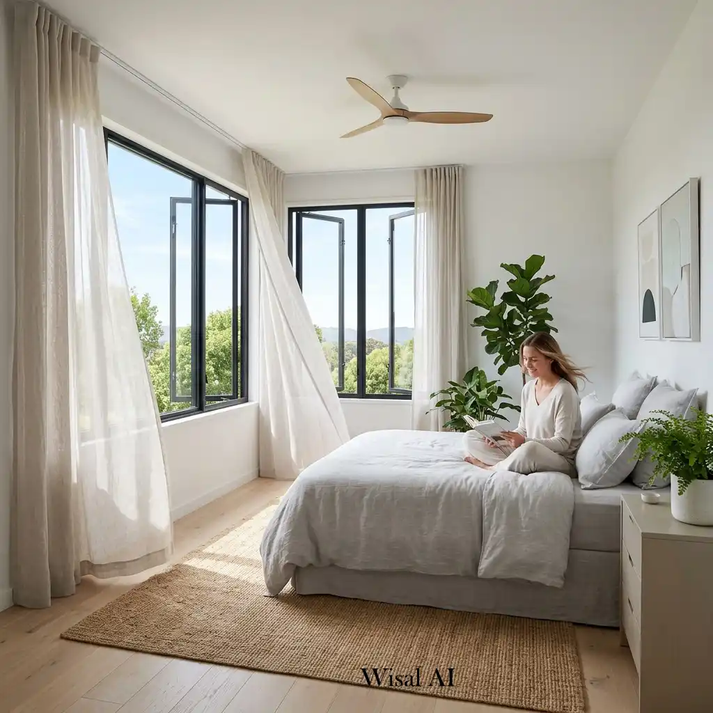 Bright bedroom with large windows providing natural ventilation.