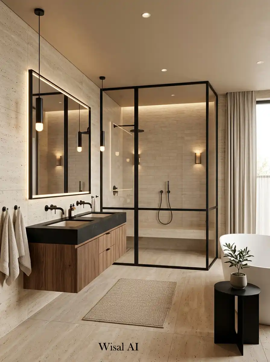Modern luxury bathroom featuring black accents beige walls and elegant minimalist spa-style interior composition.