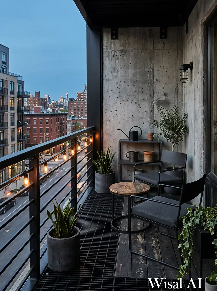 Black industrial balcony with concrete textures, metal elements, and raw modern architectural details.