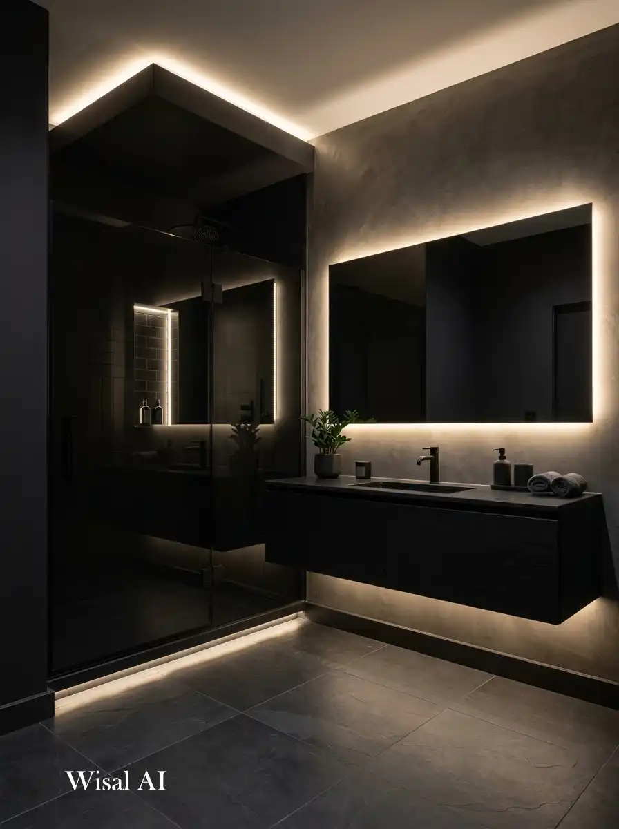 Modern bathroom with hidden LED lighting layers enhancing black architectural surfaces.