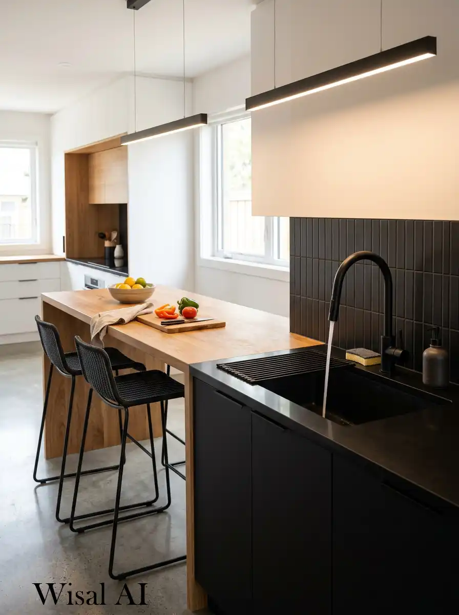 Elegant kitchen sink zone with black finishes wooden counter extension and warm modern design.