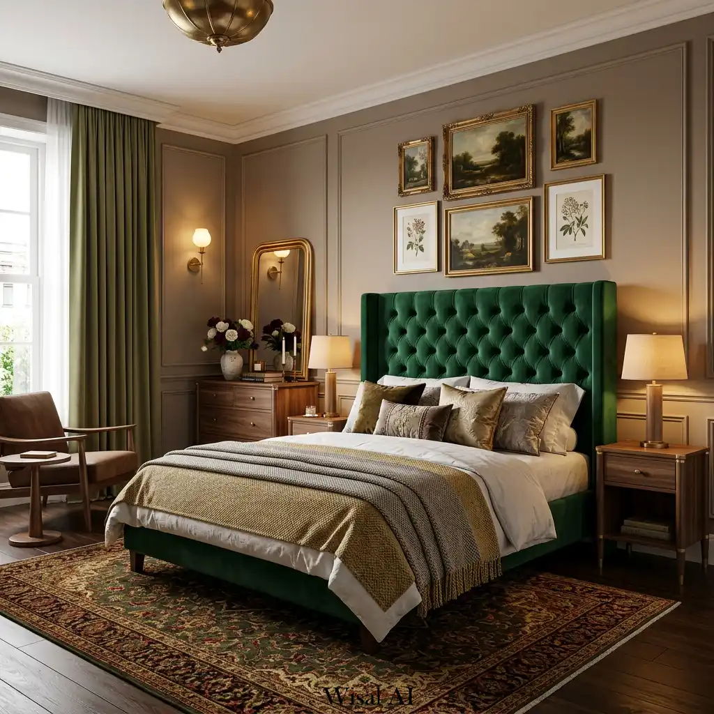Emerald velvet bedroom with walnut furniture and warm lighting