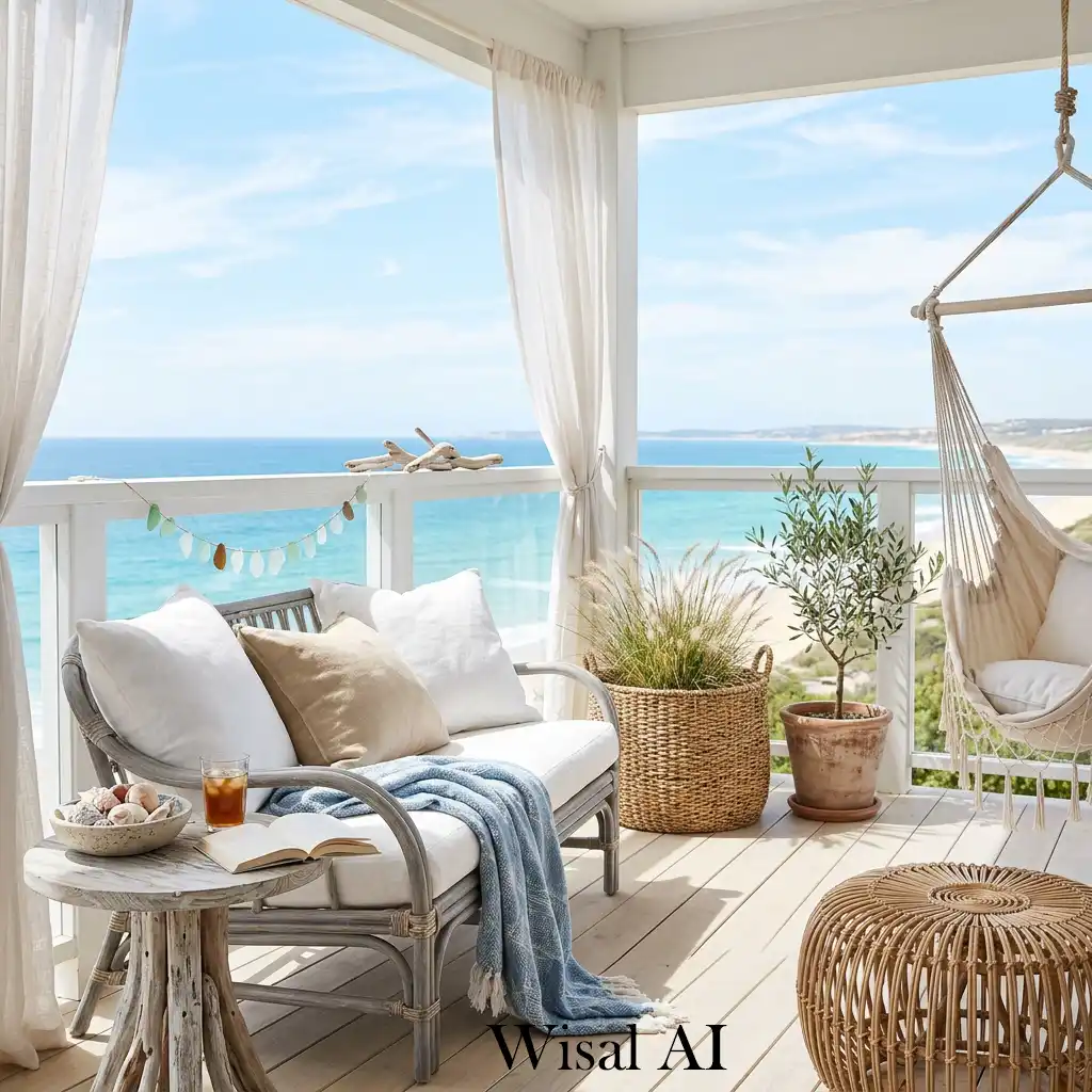 Coastal-inspired balcony with airy decor and neutral colors