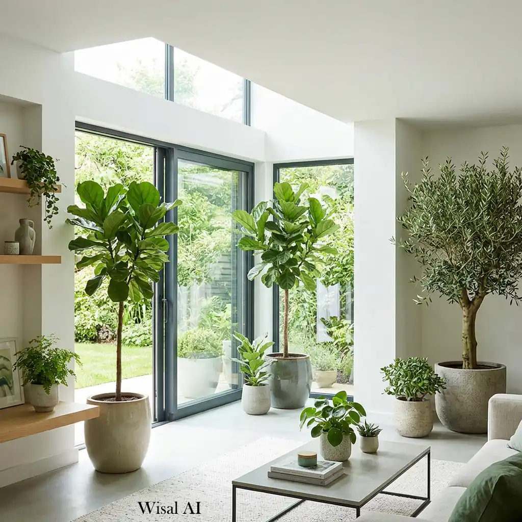 Modern home filled with lush indoor plants creating a calm natural atmosphere.