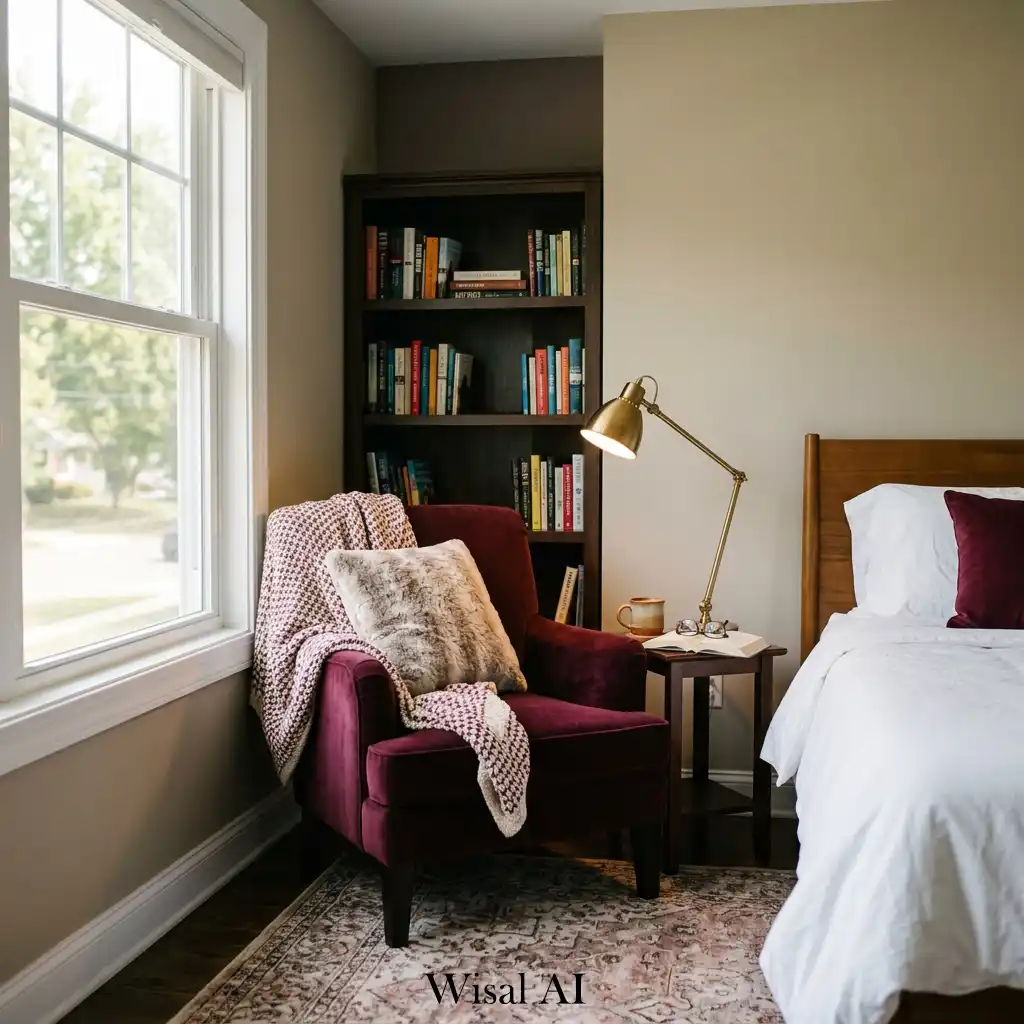 Cozy burgundy reading nook bedroom with armchair and bookshelf corner