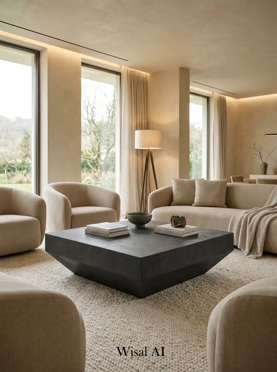 Elegant living room with charcoal curtains beige walls and soft natural light modern interior design.