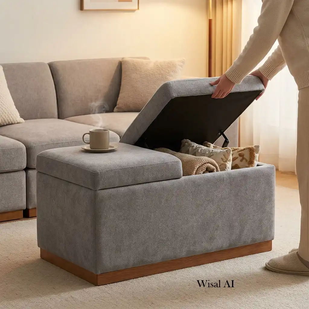 Stylish living room featuring multifunctional furniture and smart storage solutions.