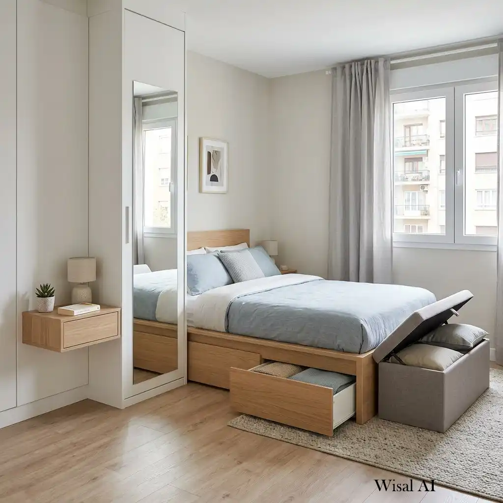 Small bedroom featuring multifunctional furniture with built-in storage and clean design.