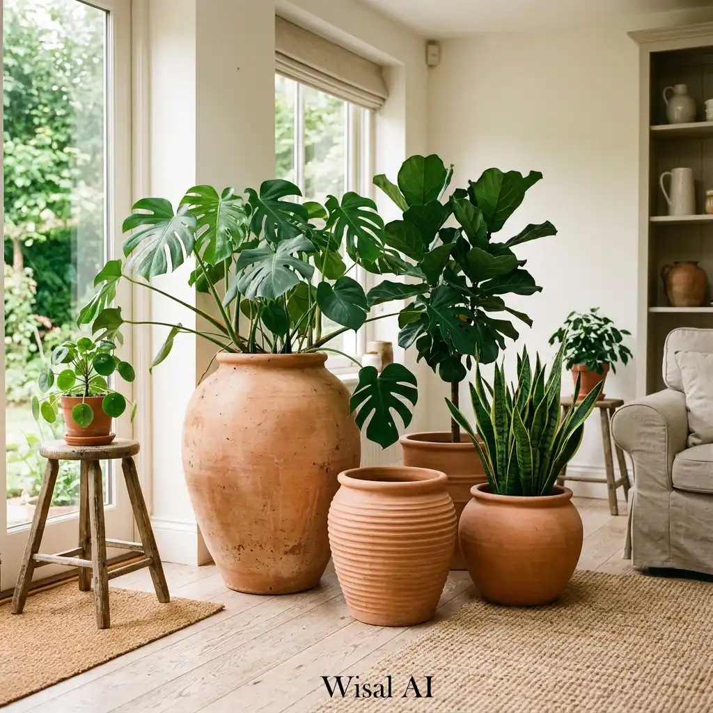 Indoor plants in terracotta pots with natural interior design