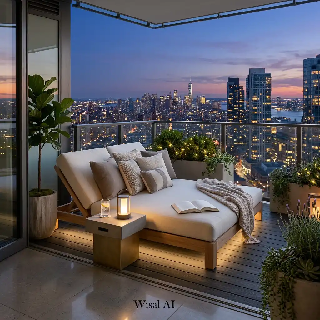 Luxury balcony with a comfortable outdoor daybed overlooking the skyline