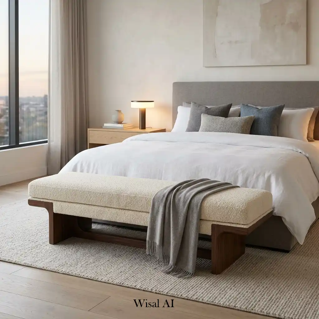 Modern bedroom with an upholstered designer bench at the foot of the bed