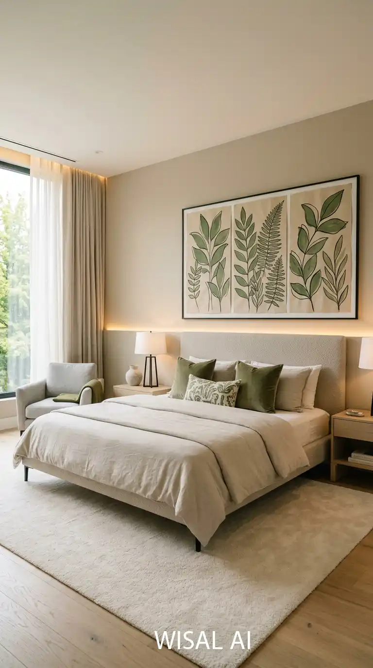 10. Contemporary Beige Room with Green Art Focus bedroom