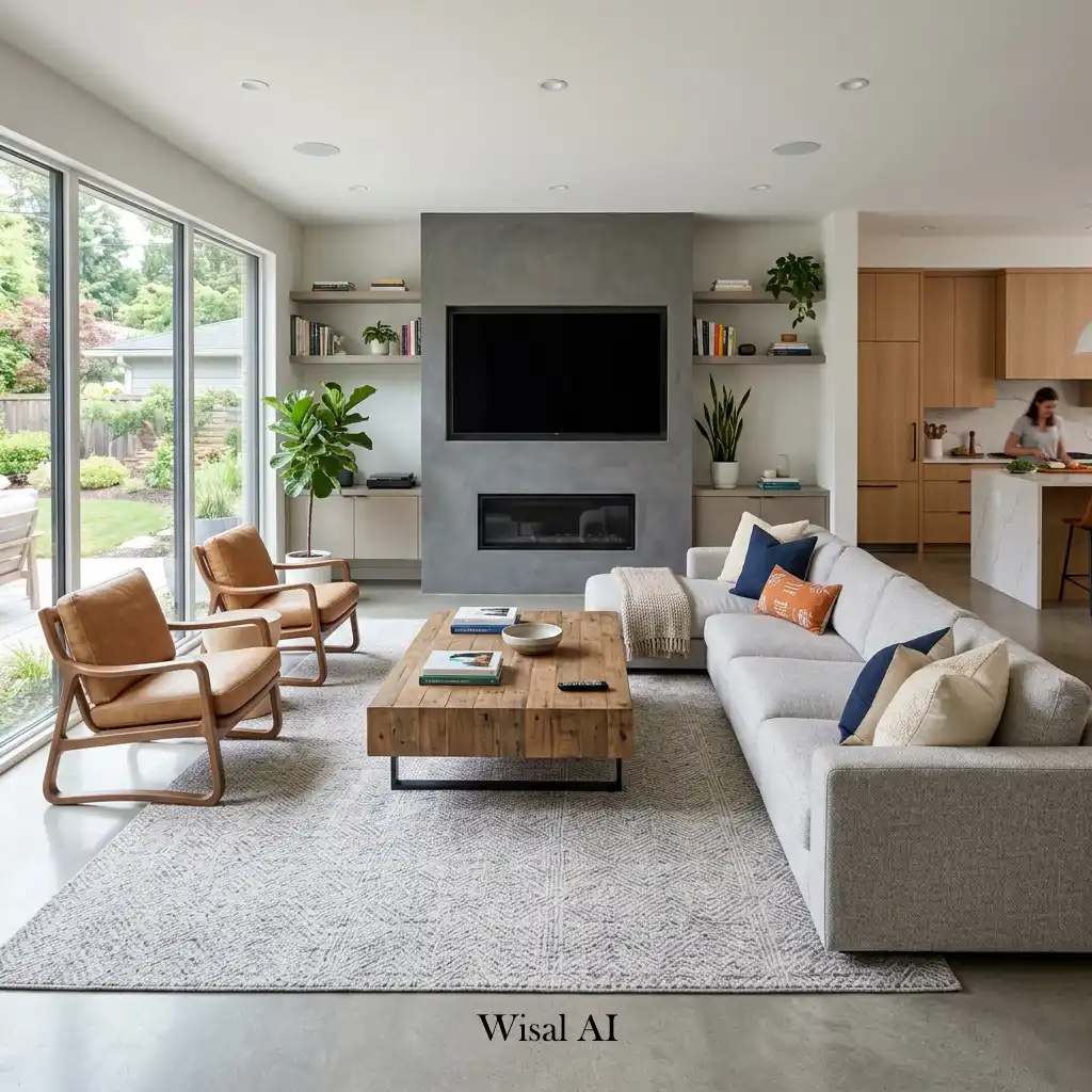 Contemporary family room with comfortable seating in an open-plan layout