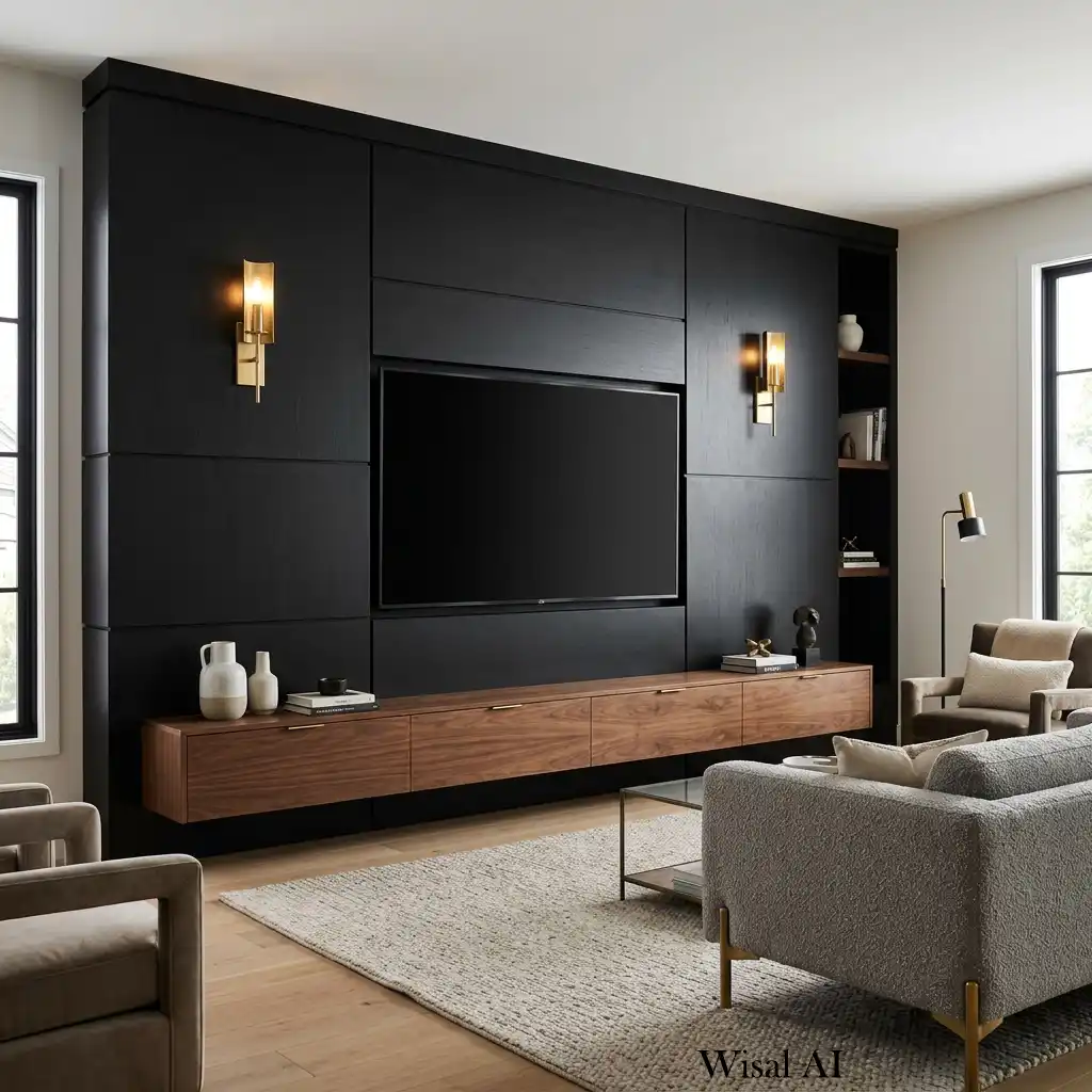 Modern black wood panel TV wall with warm walnut accents.