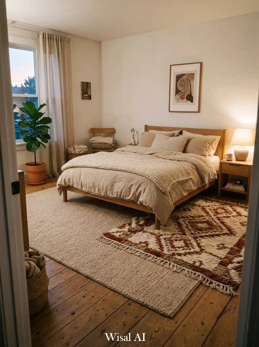 10. Cozy Minimal Bedroom with Layered Rugs