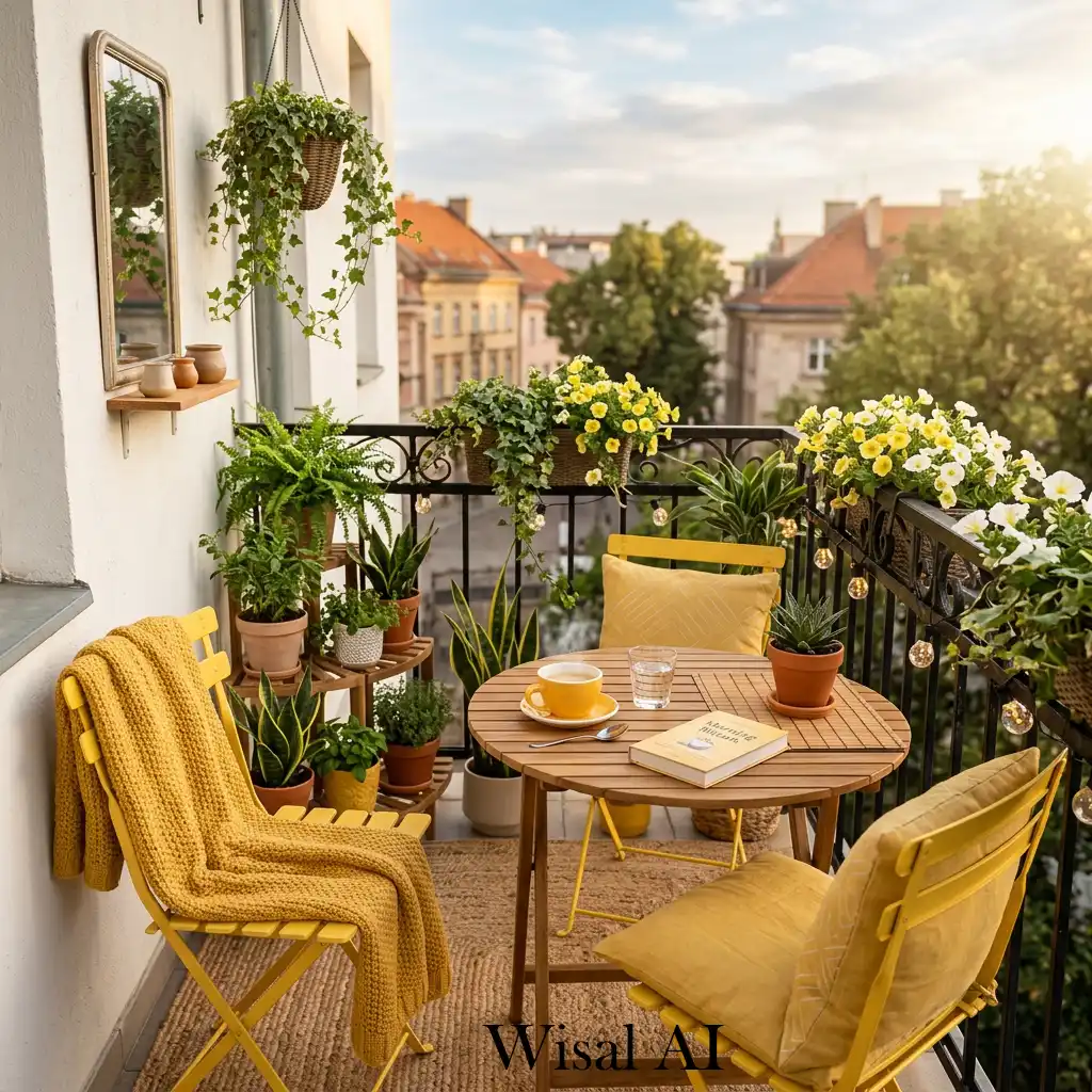 Small yellow balcony coffee corner with compact seating and cozy setup