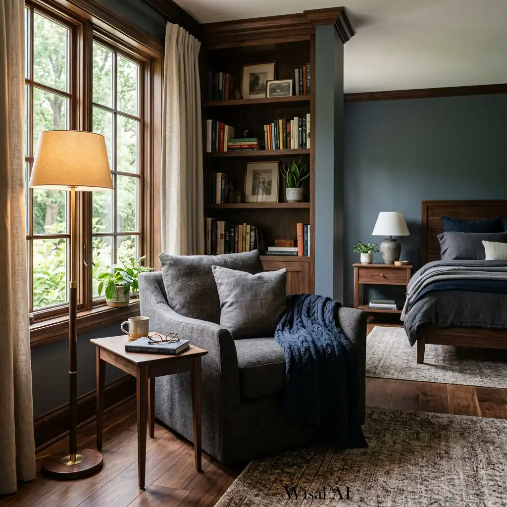 Cozy reading corner in a dark wood bedroom with an upholstered armchair.