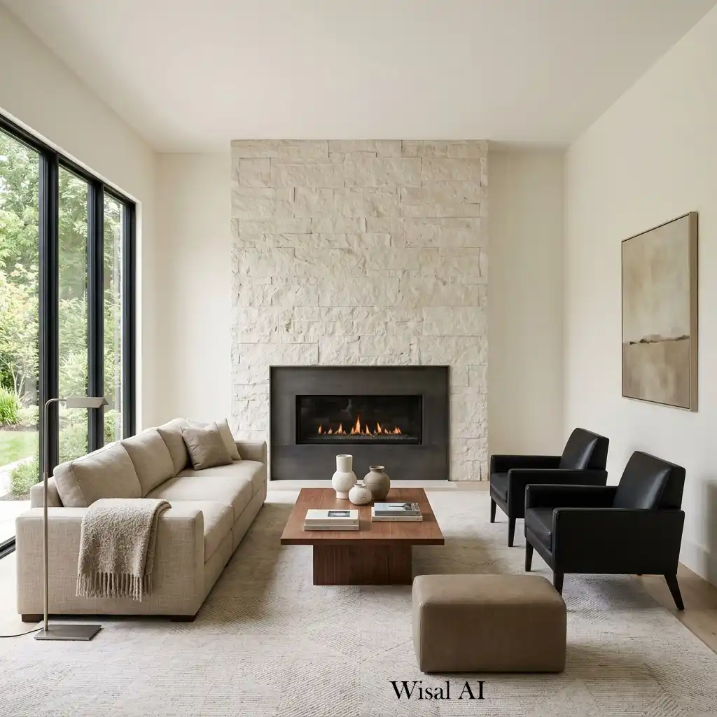 Living room centered around a statement fireplace.