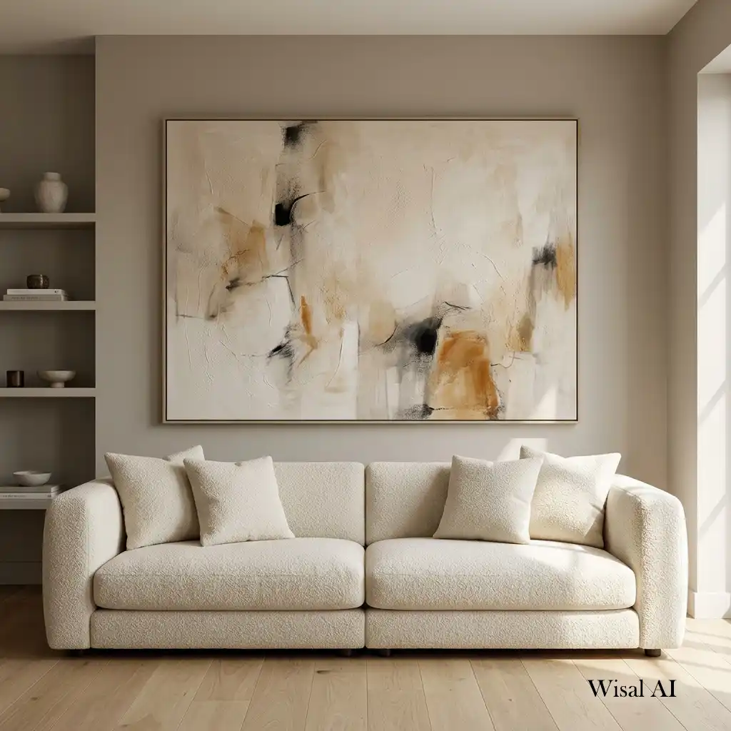 Oversized abstract artwork above a neutral sofa in a sophisticated living room.