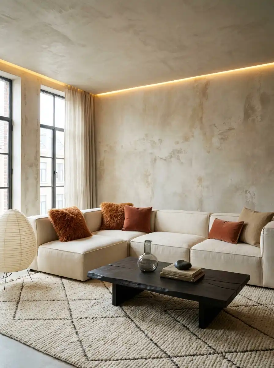 10. Distressed Plaster and Sculptural Silhouettes: A Stunning Living Room Idea