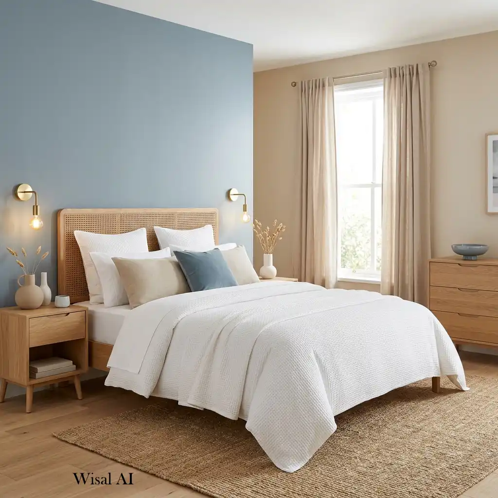 Calming bedroom featuring dusty blue tones paired with warm beige furnishings.