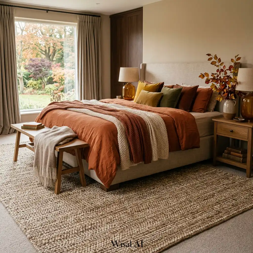 Woven area rug adding texture and warmth to an elegant autumn bedroom.