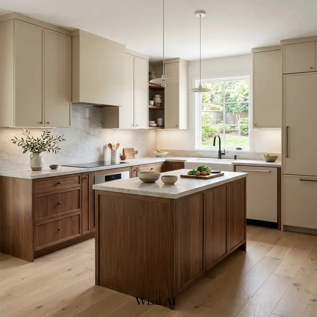 Elegant European kitchen featuring mixed cabinetry colors and wood finishes