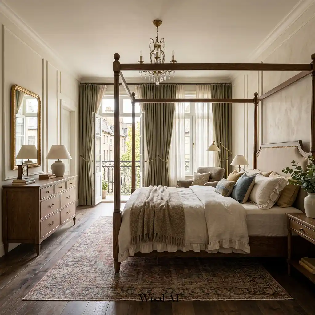 Elegant European-inspired master bedroom with timeless interior details