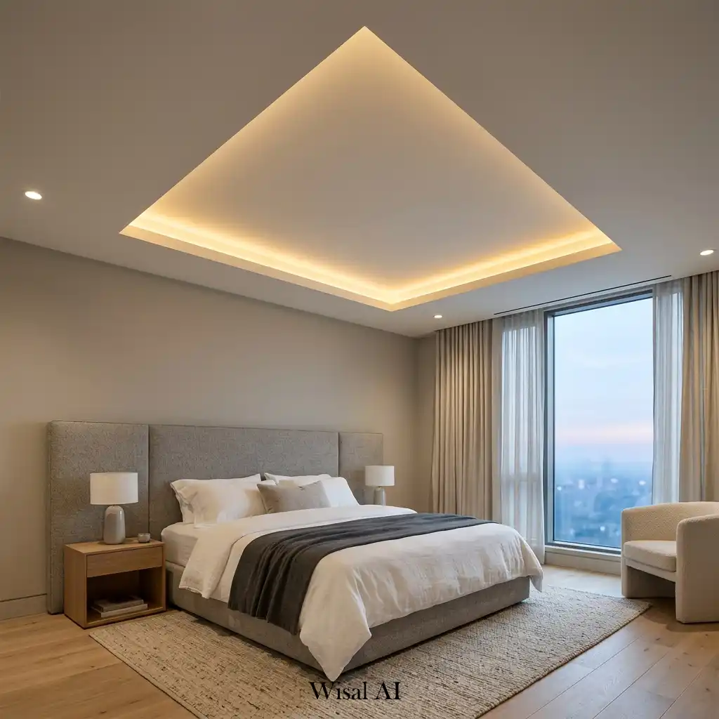 Modern bedroom featuring a floating ceiling with concealed cove lighting.