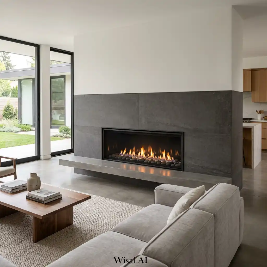 Modern floor-level fireplace with sleek horizontal design and luxury finishes