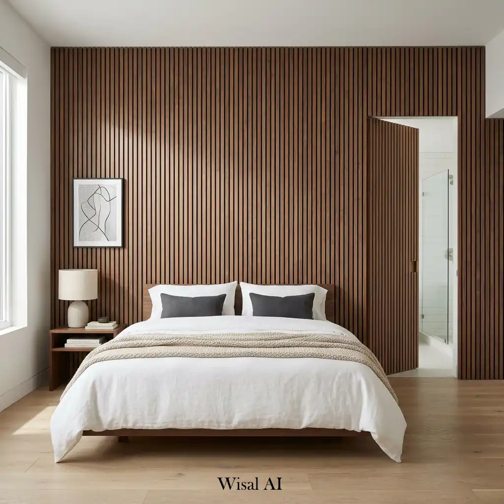 Full-wall wood slats with a hidden bedroom door for a seamless custom look.